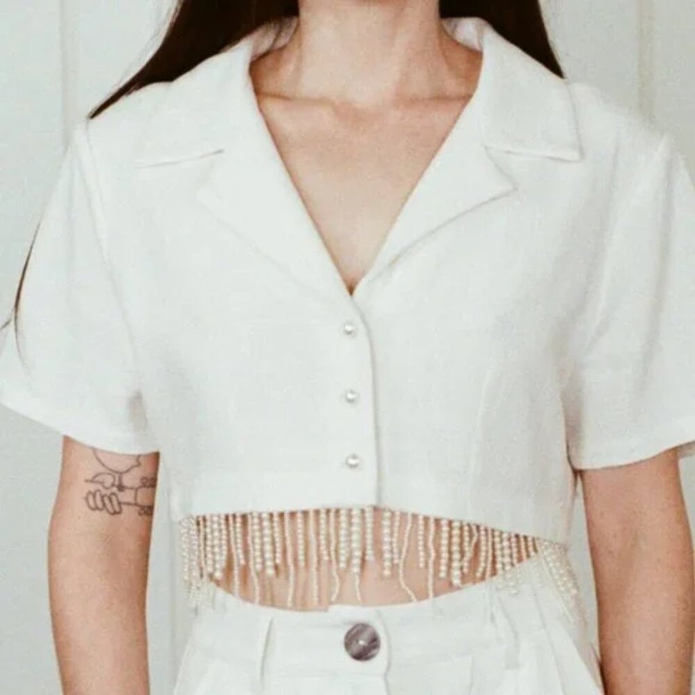 Fashion Brand Company FBC | 90's Angel Pearl Trim Crop Top White Cream 5XL